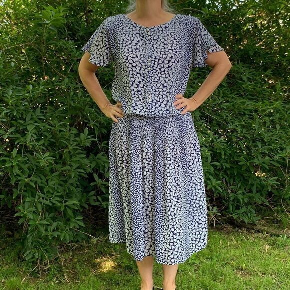 Vtg Alison Peters blouson blue & white dress - Picture 1 of 8